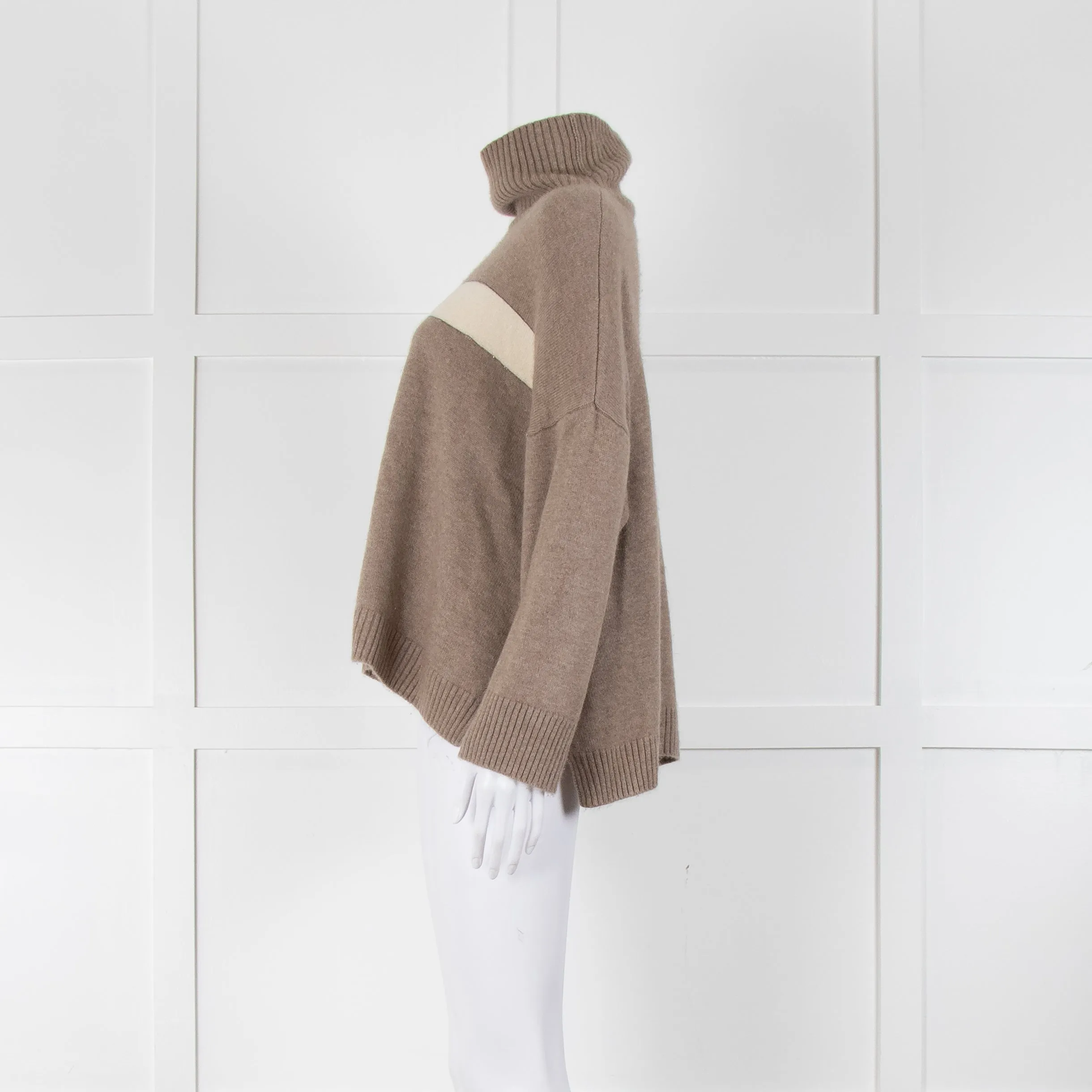 Divine Cashmere Beige Cream Stripe Chain Detail Oversized Roll Neck Jumper