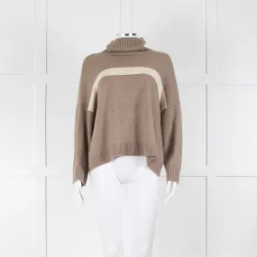Divine Cashmere Beige Cream Stripe Chain Detail Oversized Roll Neck Jumper