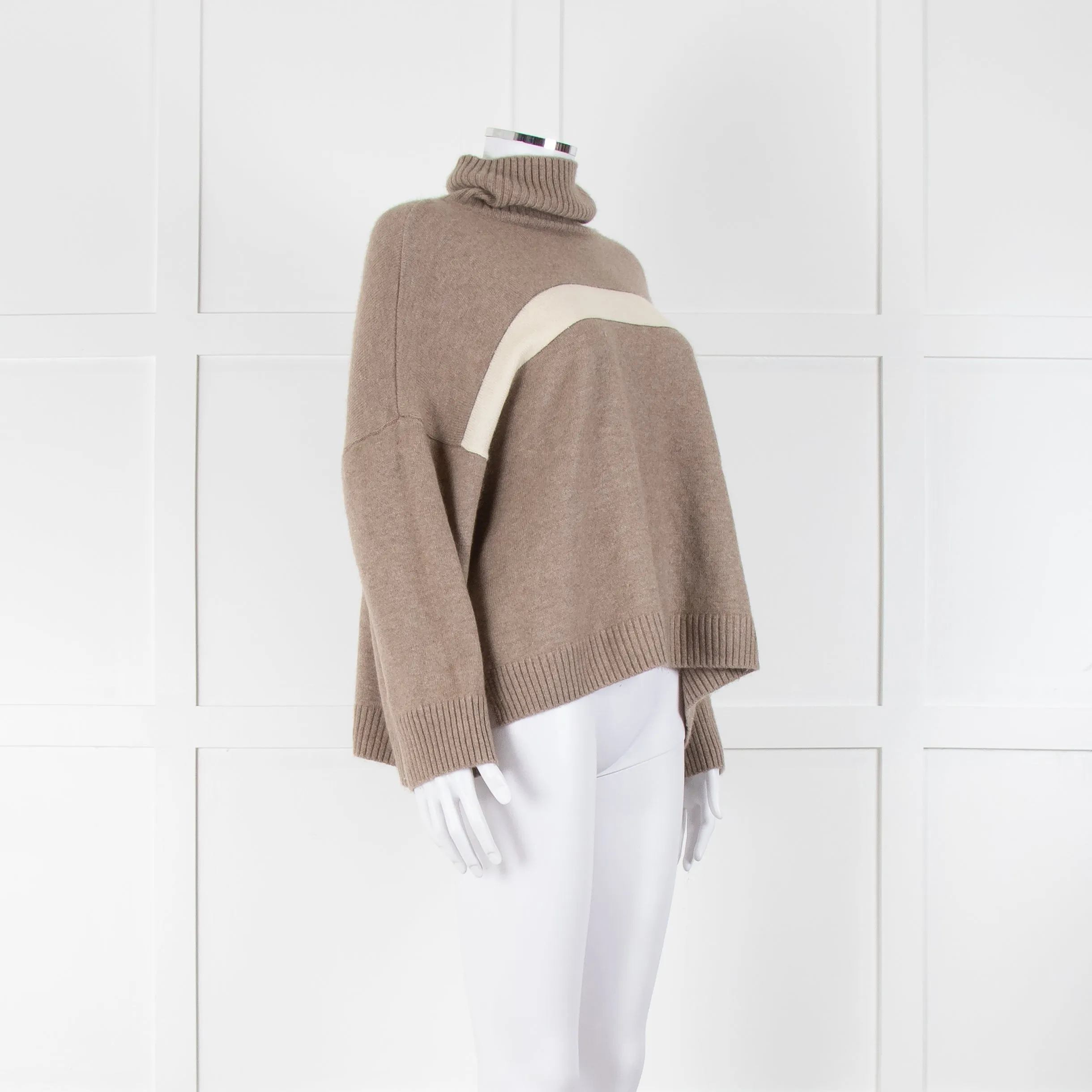 Divine Cashmere Beige Cream Stripe Chain Detail Oversized Roll Neck Jumper