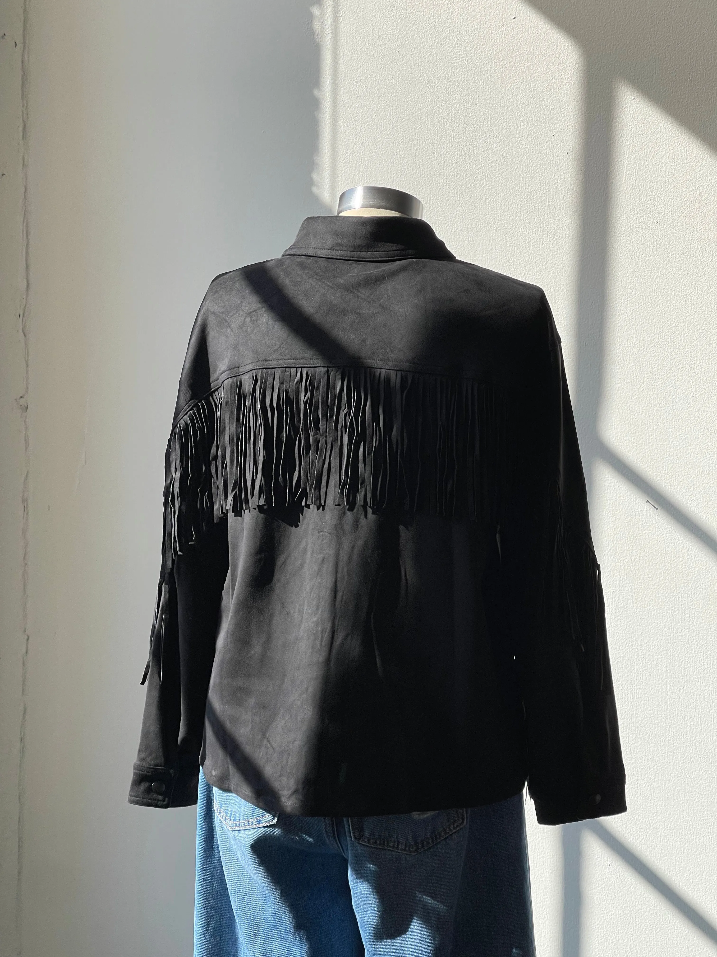 Dixie Microsuede Fringe Snap Front Shacket In Black