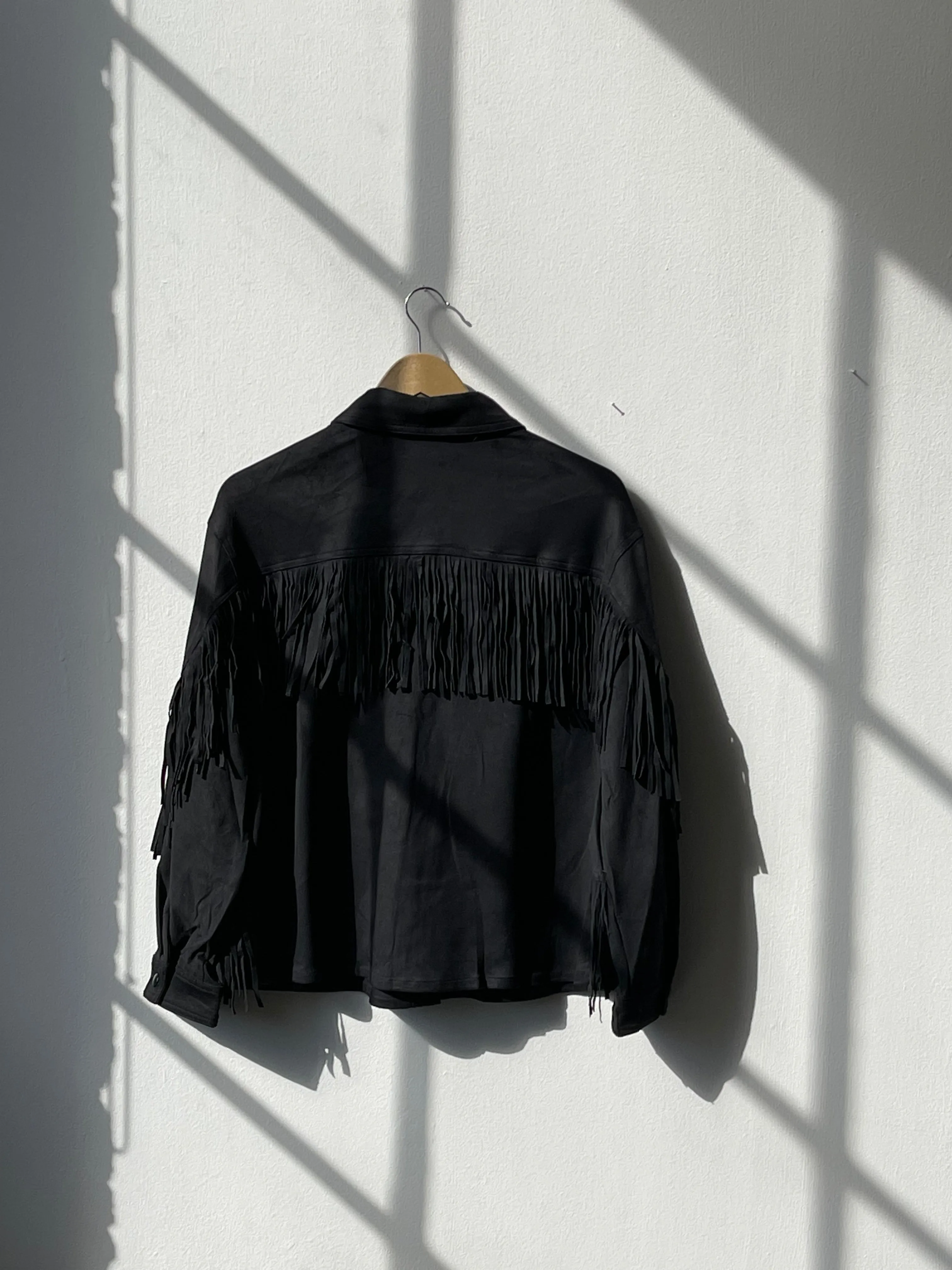Dixie Microsuede Fringe Snap Front Shacket In Black