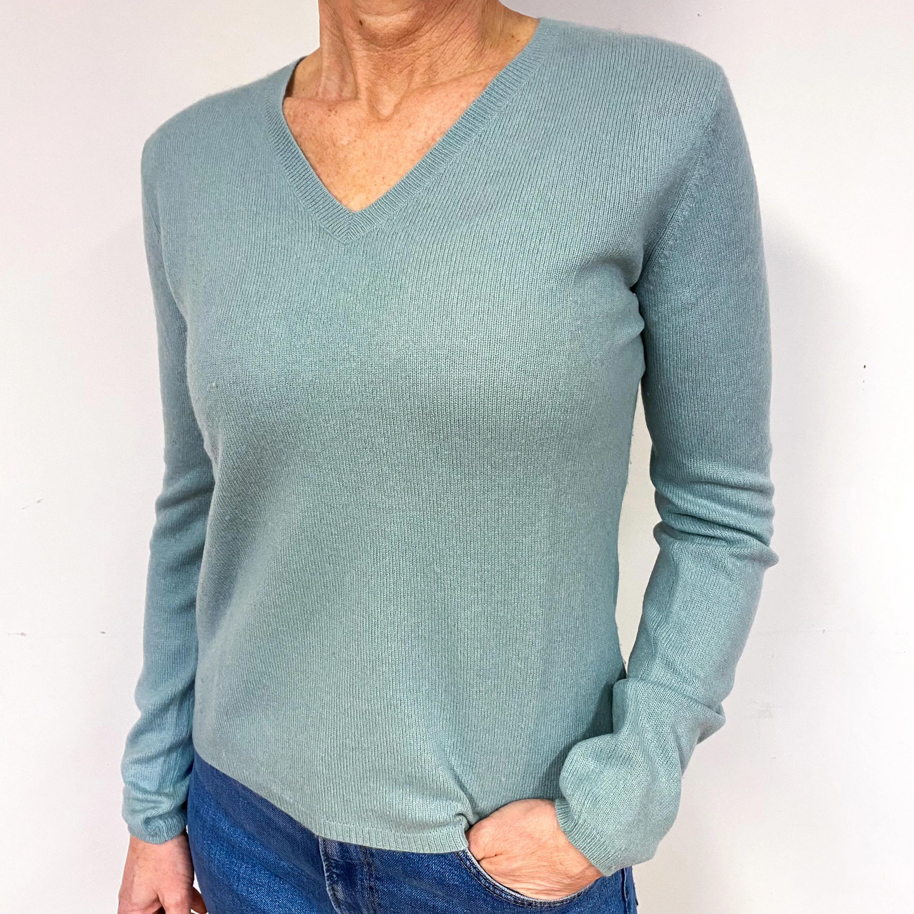 Duck Egg Green Cashmere V-Neck Jumper Medium