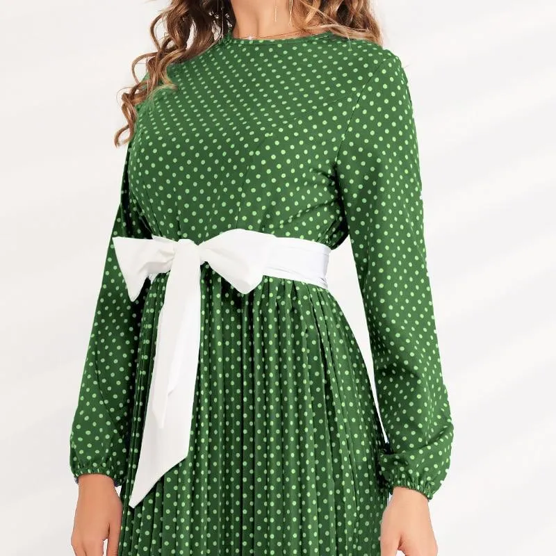 FashionSierra - Summer New Fashion Women's Round Neck Polka Dot Waist Slimming Belt Long Pleated Lantern Sleeve Sweet and Versatile Dress