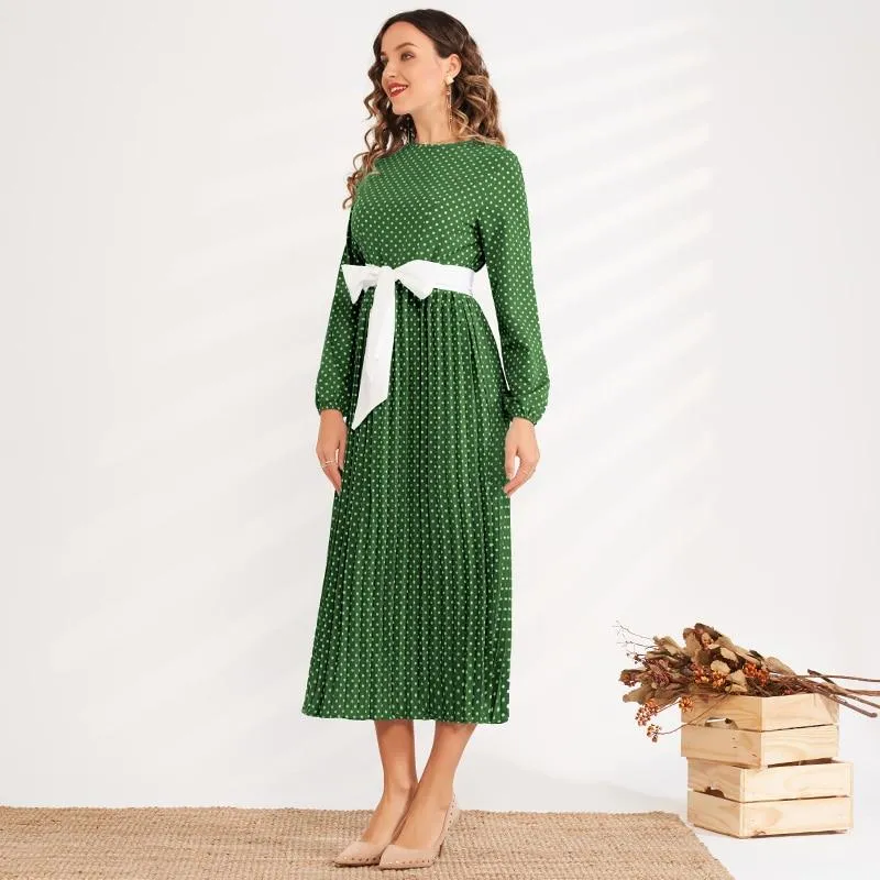 FashionSierra - Summer New Fashion Women's Round Neck Polka Dot Waist Slimming Belt Long Pleated Lantern Sleeve Sweet and Versatile Dress