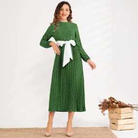 FashionSierra - Summer New Fashion Women's Round Neck Polka Dot Waist Slimming Belt Long Pleated Lantern Sleeve Sweet and Versatile Dress