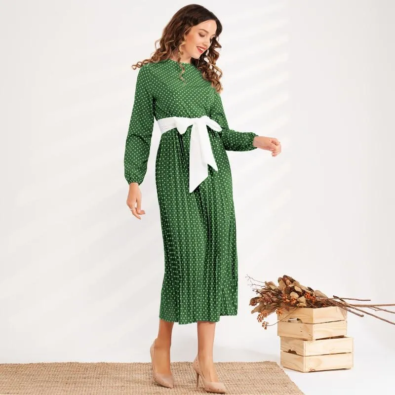 FashionSierra - Summer New Fashion Women's Round Neck Polka Dot Waist Slimming Belt Long Pleated Lantern Sleeve Sweet and Versatile Dress