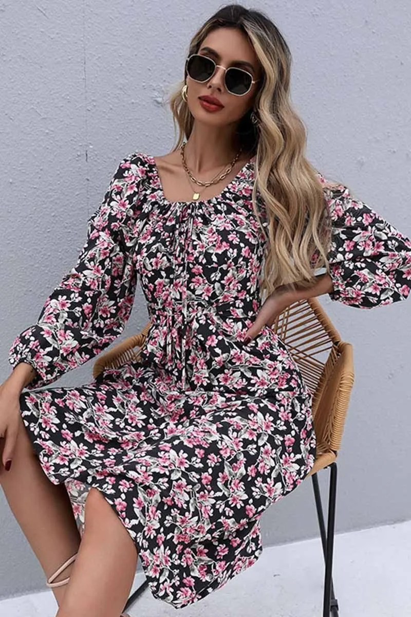 FLORAL SQUARE NECK FRILL MIDI DRESS