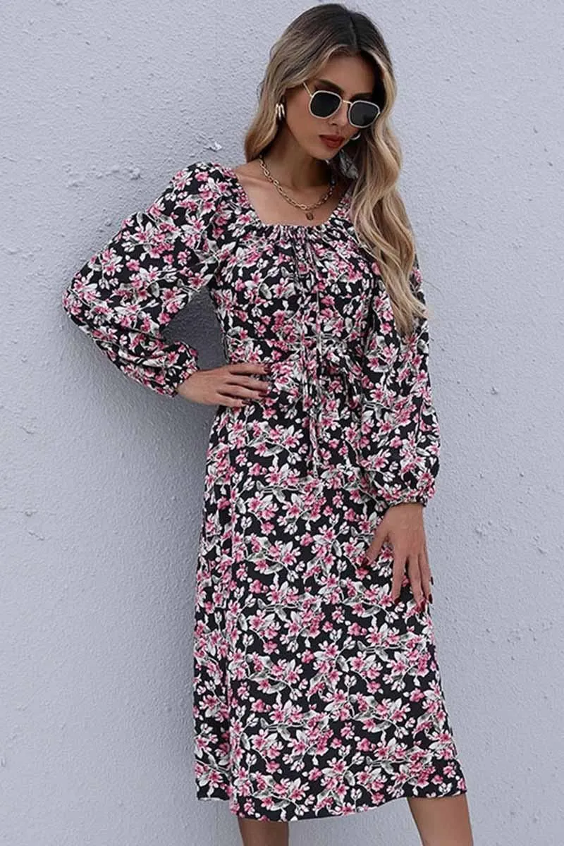 FLORAL SQUARE NECK FRILL MIDI DRESS