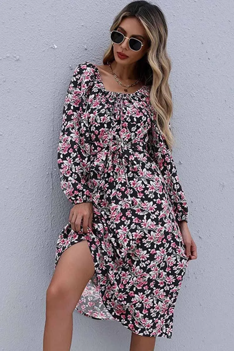 FLORAL SQUARE NECK FRILL MIDI DRESS