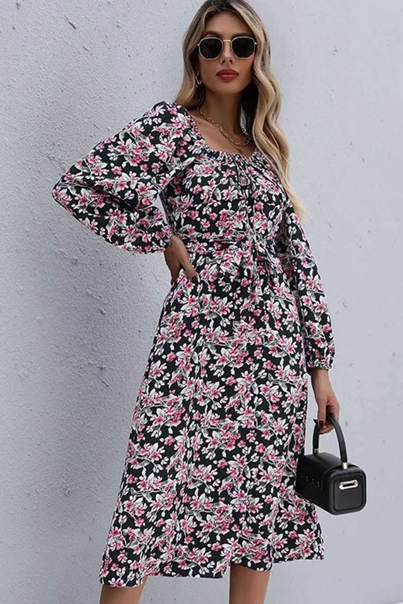 FLORAL SQUARE NECK FRILL MIDI DRESS