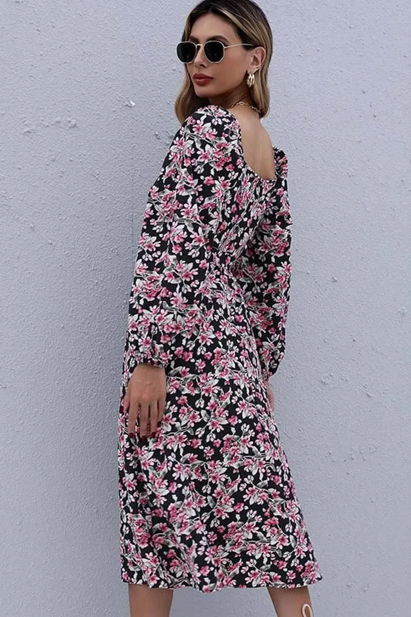 FLORAL SQUARE NECK FRILL MIDI DRESS