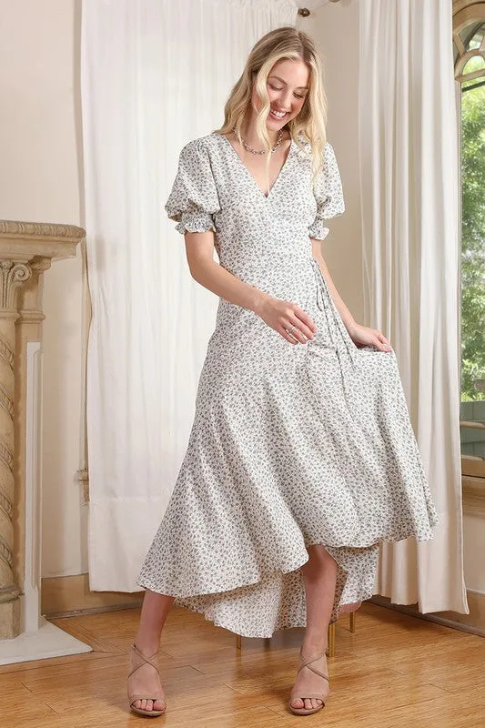 Green Floral V-Neck Wrap Dress