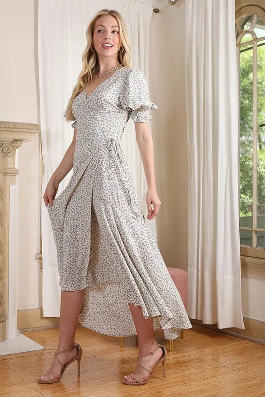Green Floral V-Neck Wrap Dress