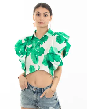 Green leaves' print with double layer sleeves design crop shirt top