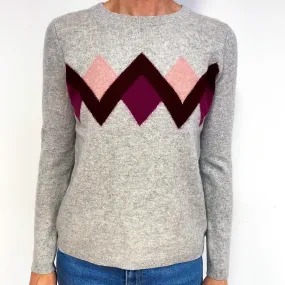 Grey Plum Diamond Pattern Cashmere Crew Neck Jumper Medium