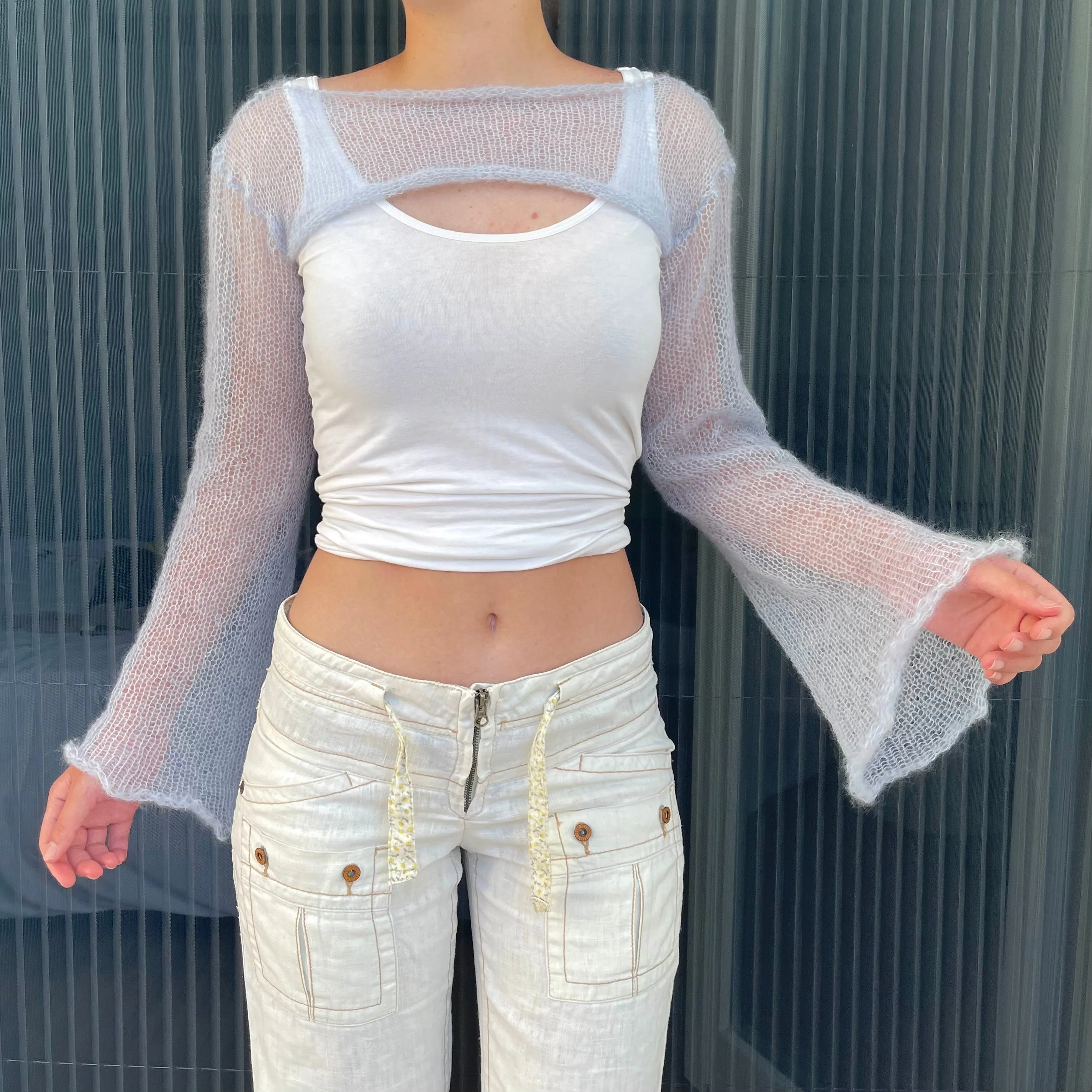 Handmade knitted ultra cropped mohair jumper / bolero in baby blue