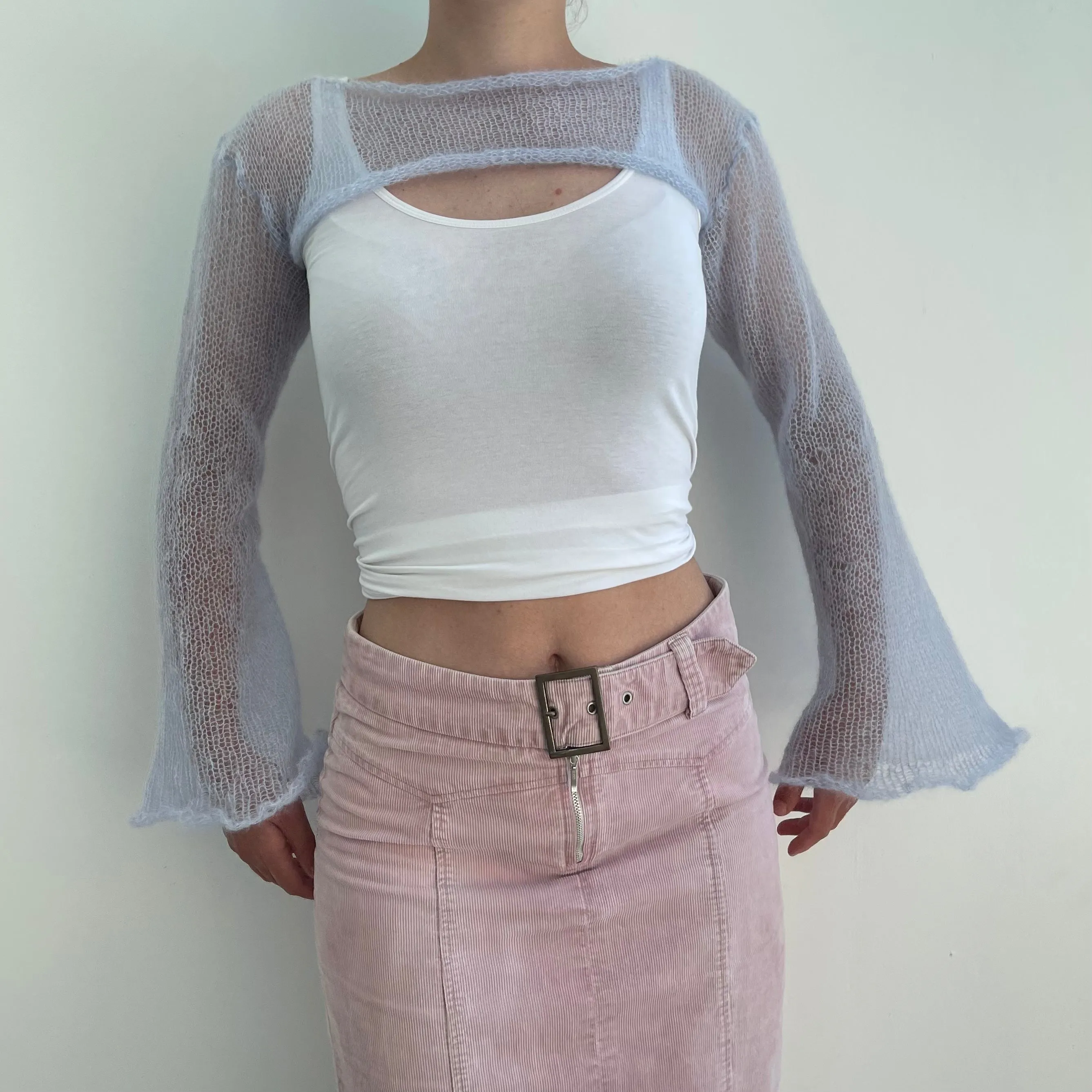 Handmade knitted ultra cropped mohair jumper / bolero in baby blue