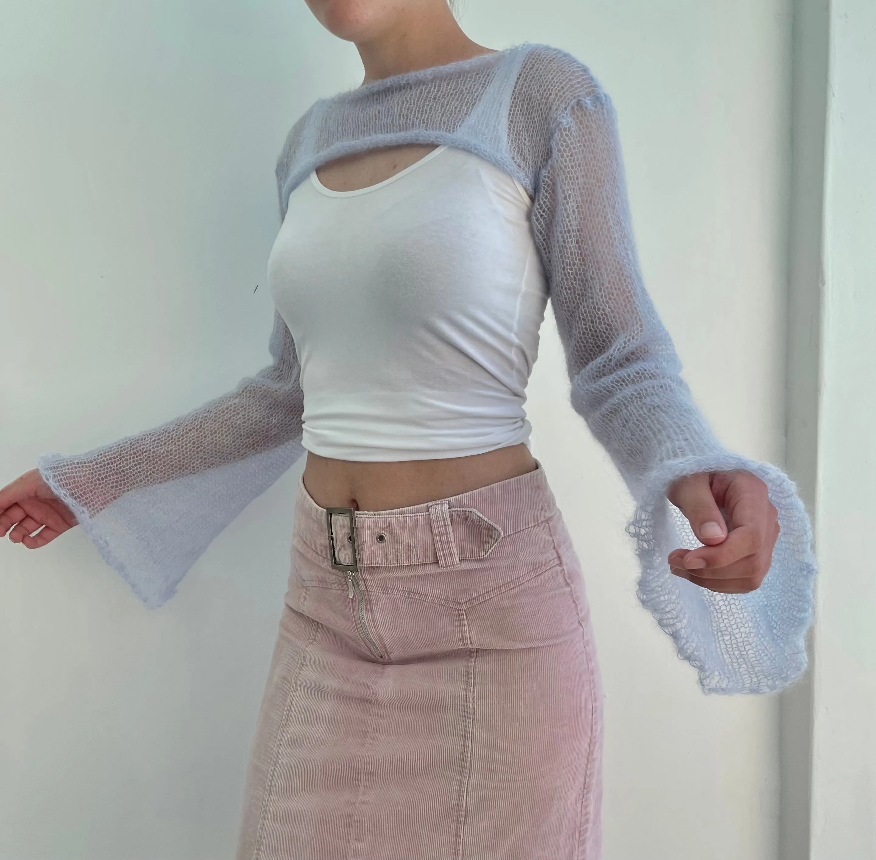 Handmade knitted ultra cropped mohair jumper / bolero in baby blue