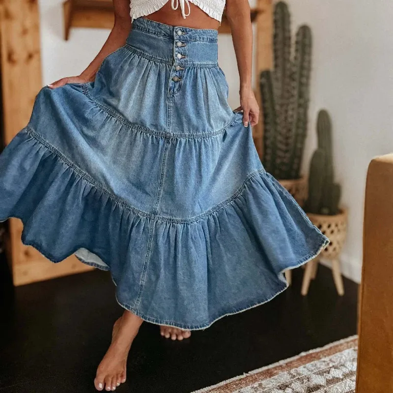 High-Waist Layered Denim Skirt