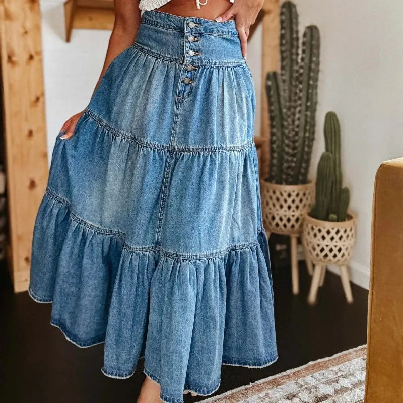 High-Waist Layered Denim Skirt