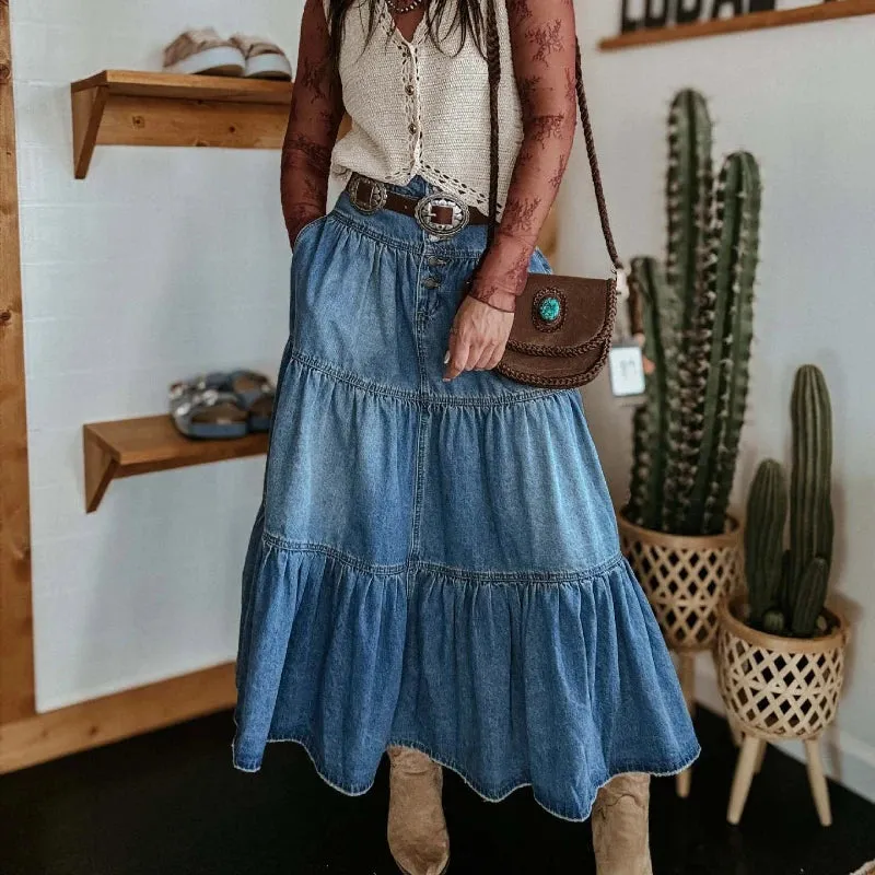 High-Waist Layered Denim Skirt