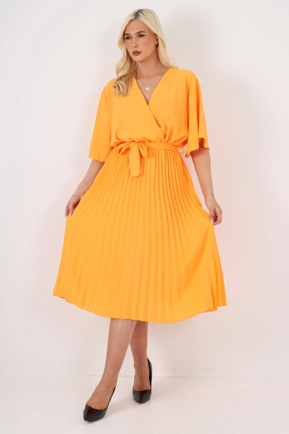 Italian Pleated Belted Wrap Short Sleeve Midi Dress