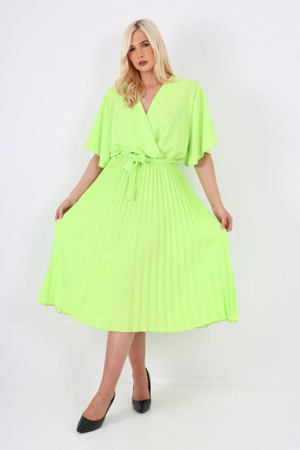 Italian Pleated Belted Wrap Short Sleeve Midi Dress