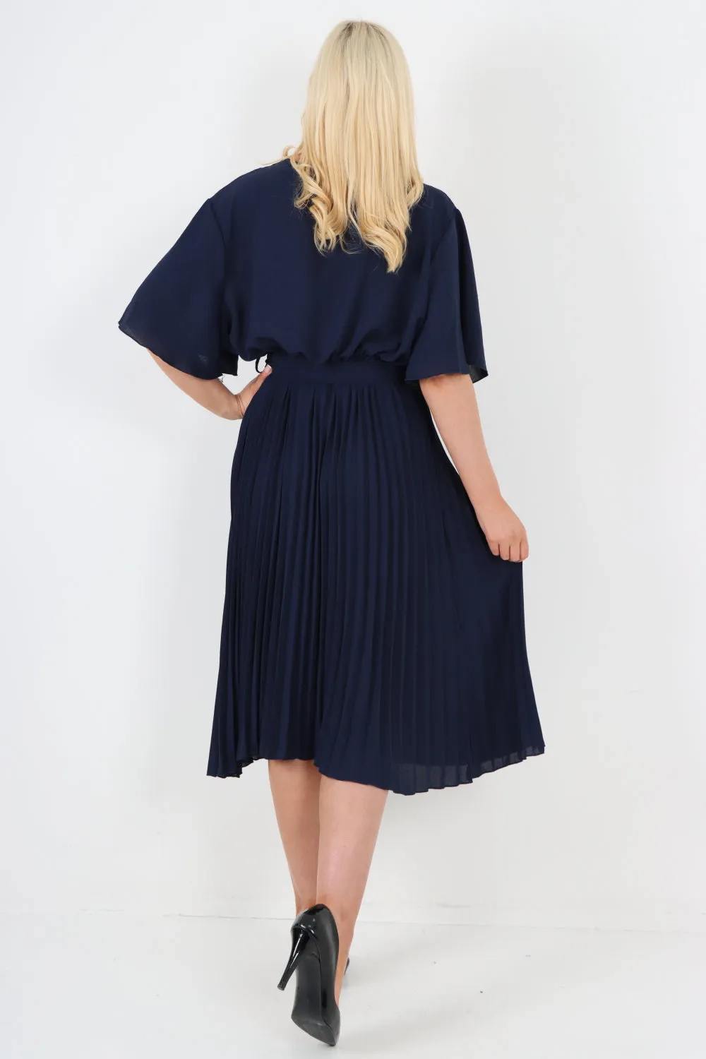 Italian Pleated Belted Wrap Short Sleeve Midi Dress