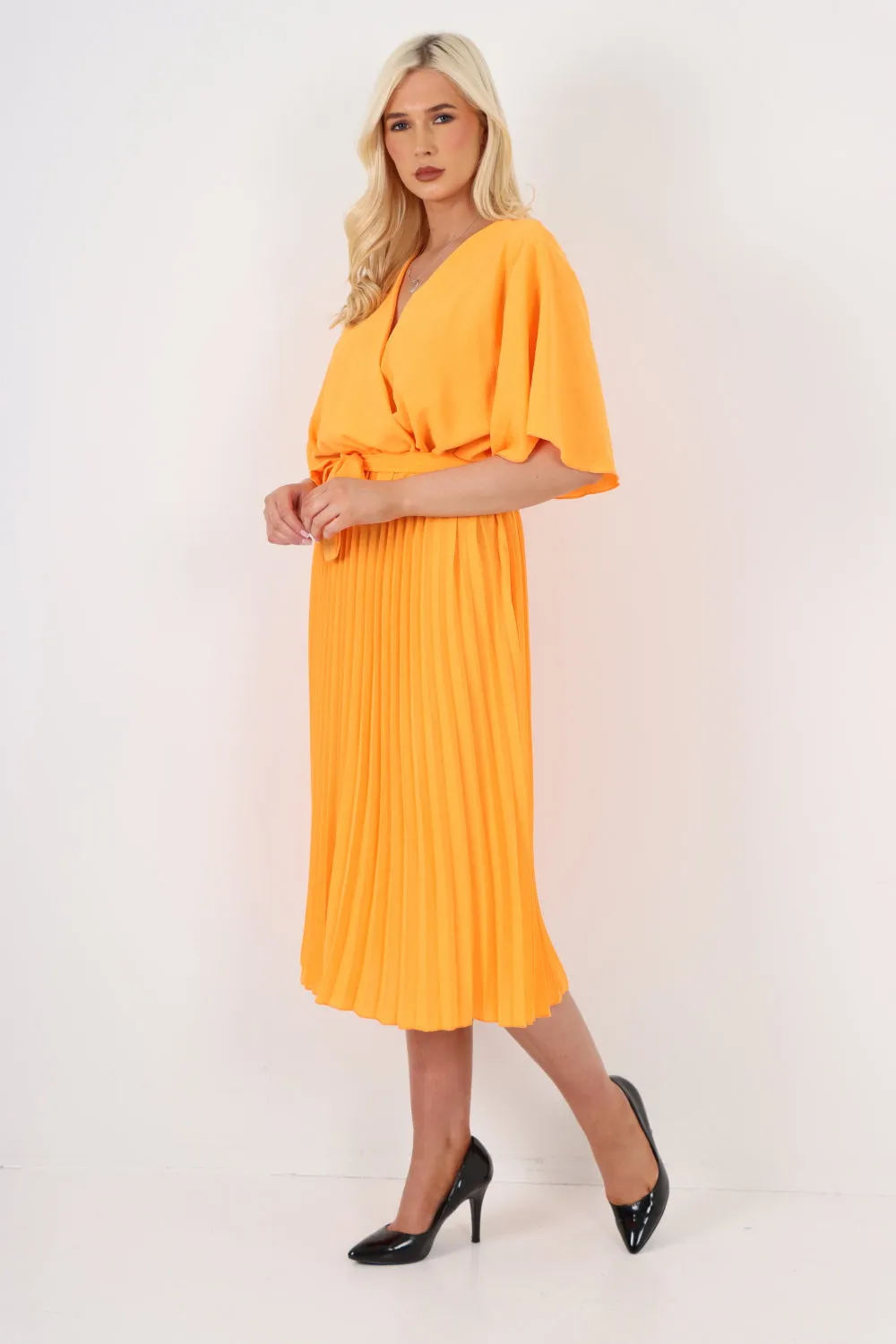 Italian Pleated Belted Wrap Short Sleeve Midi Dress