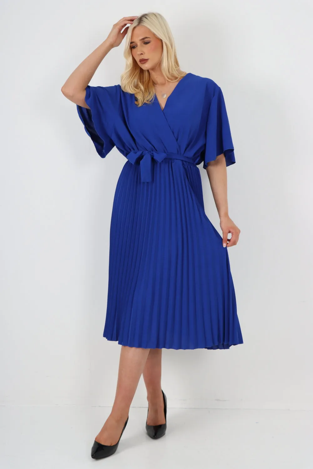 Italian Pleated Belted Wrap Short Sleeve Midi Dress