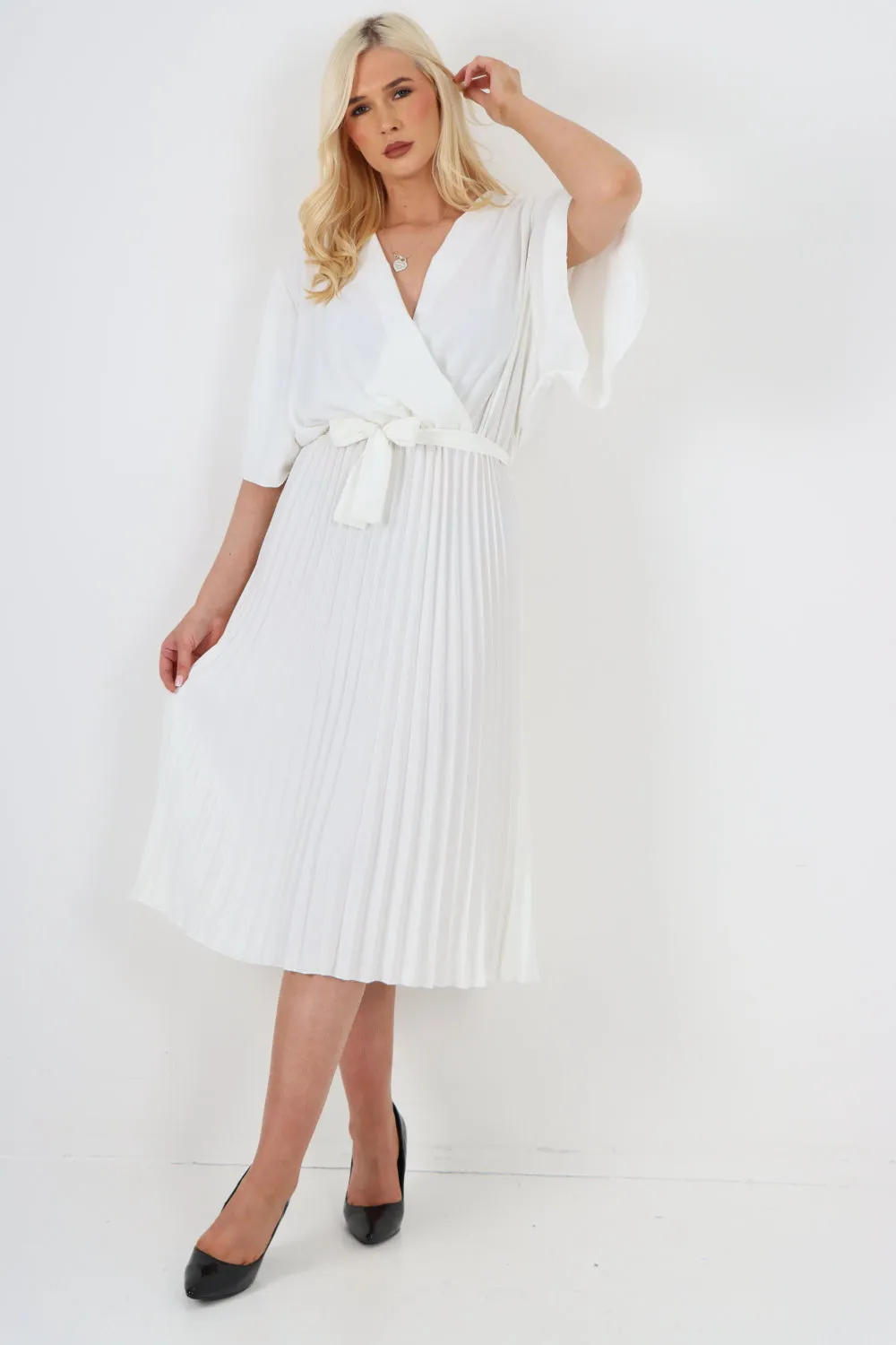 Italian Pleated Belted Wrap Short Sleeve Midi Dress
