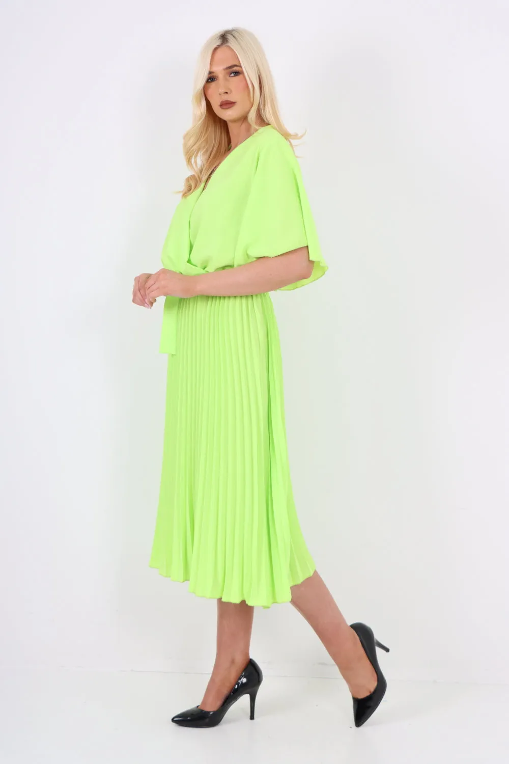 Italian Pleated Belted Wrap Short Sleeve Midi Dress
