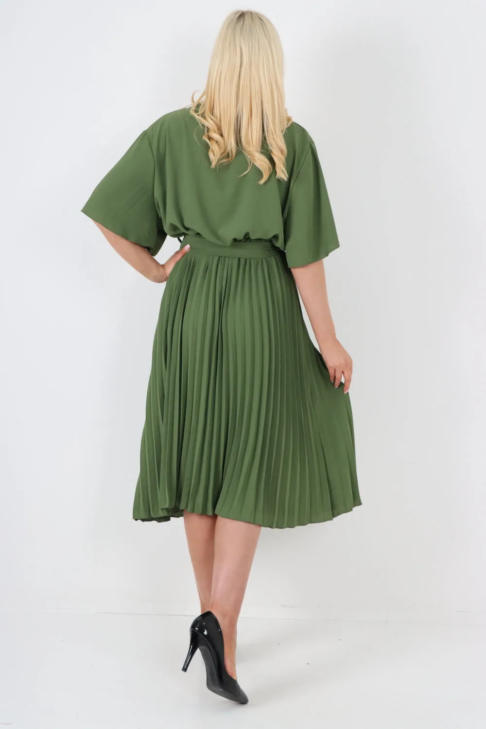 Italian Pleated Belted Wrap Short Sleeve Midi Dress