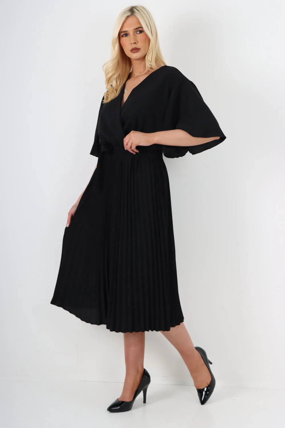Italian Pleated Belted Wrap Short Sleeve Midi Dress
