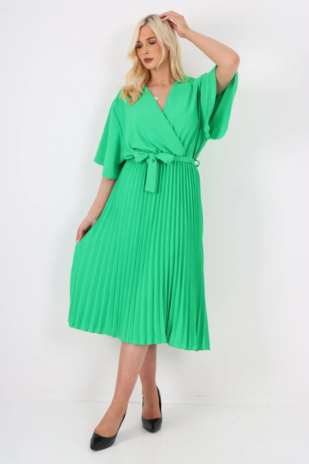Italian Pleated Belted Wrap Short Sleeve Midi Dress