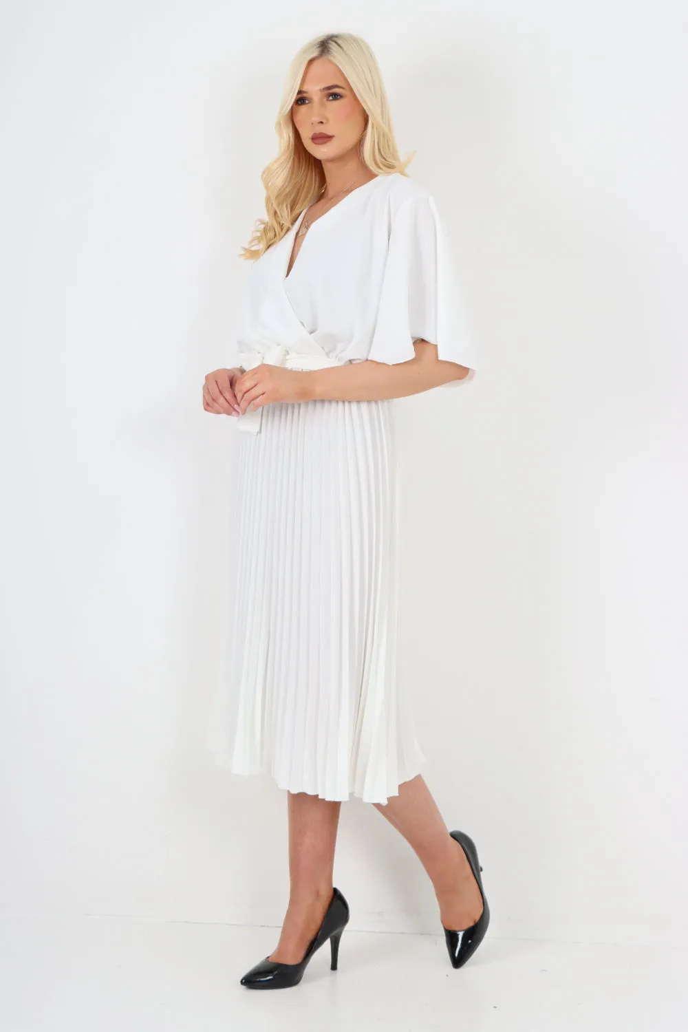 Italian Pleated Belted Wrap Short Sleeve Midi Dress