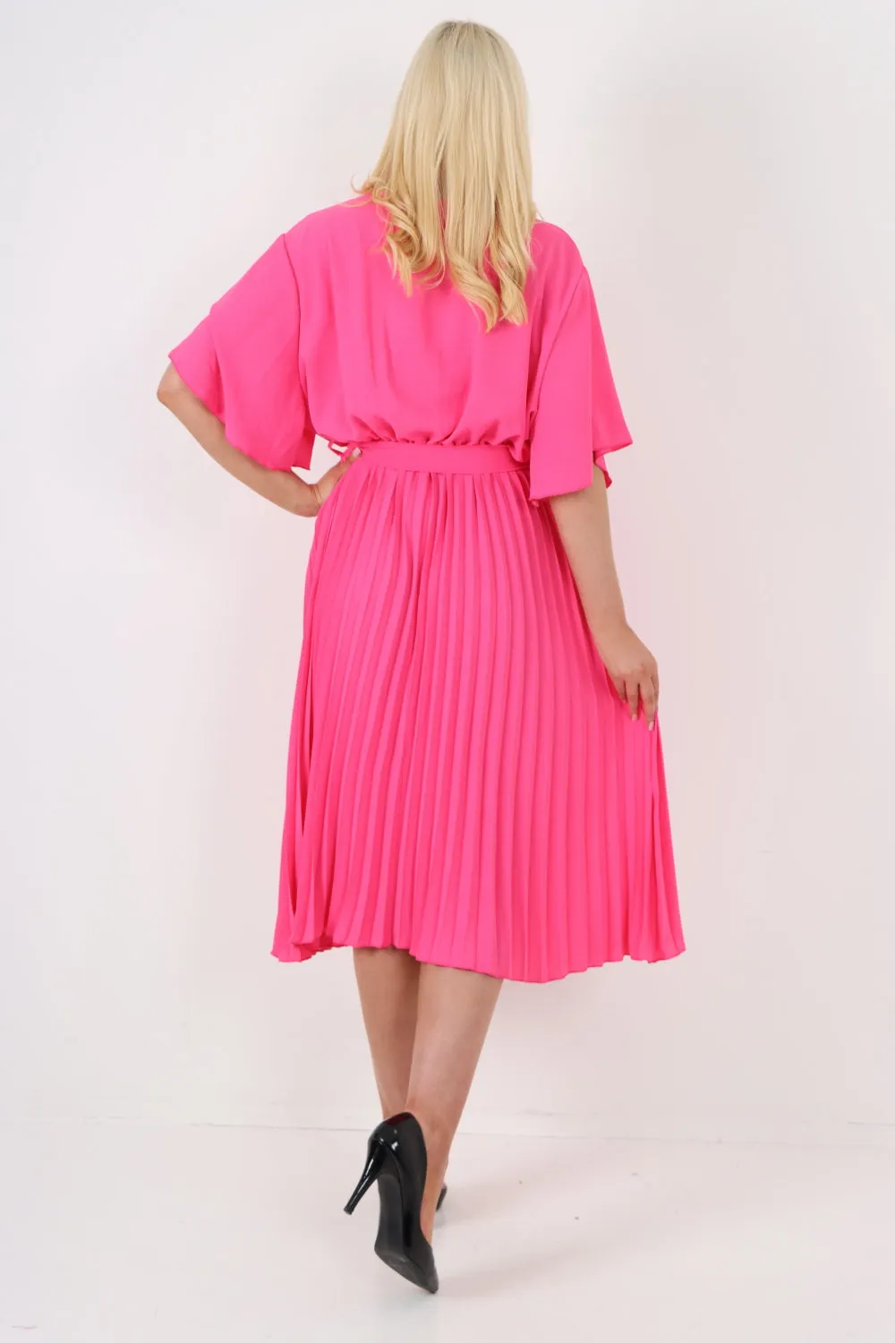 Italian Pleated Belted Wrap Short Sleeve Midi Dress