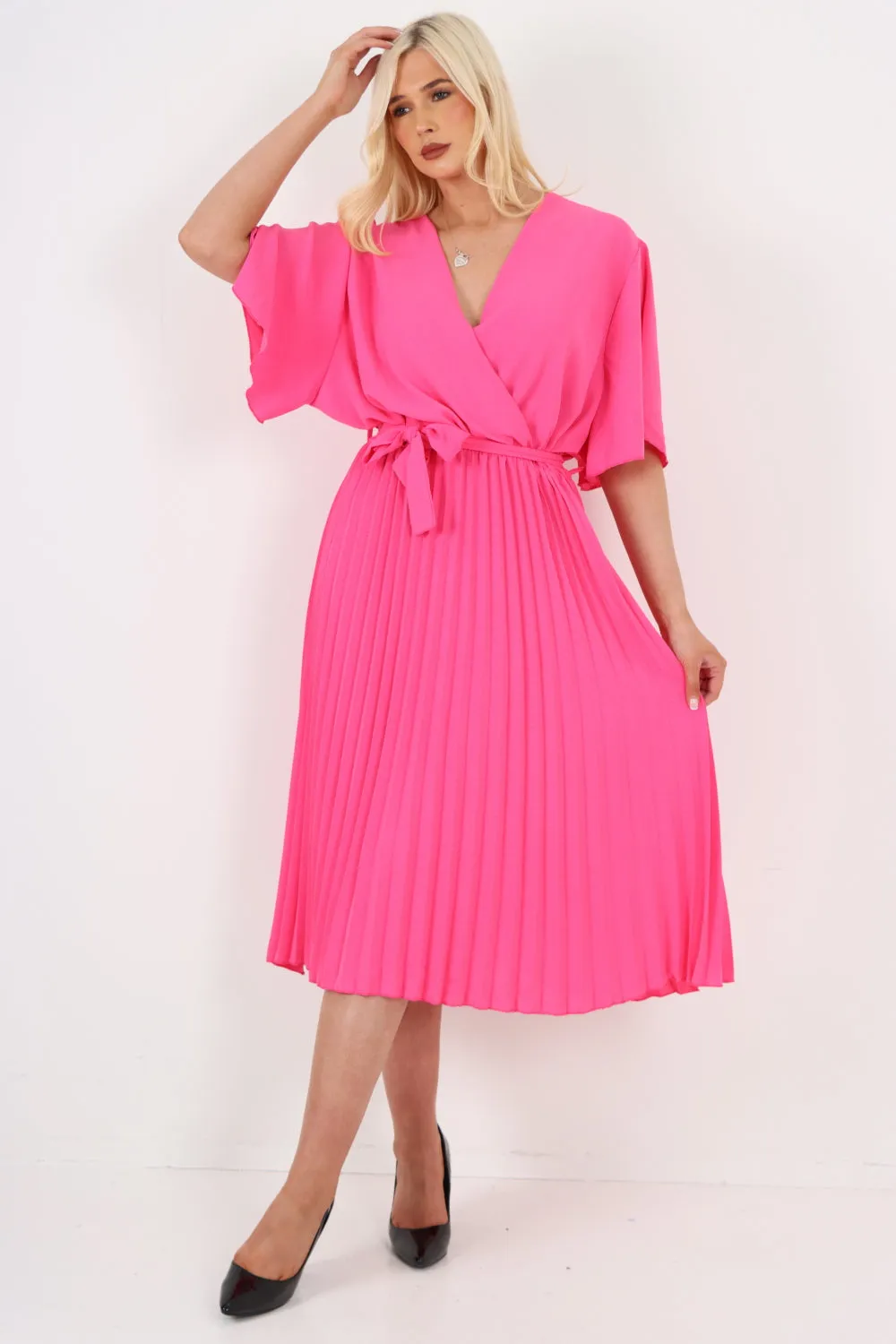 Italian Pleated Belted Wrap Short Sleeve Midi Dress