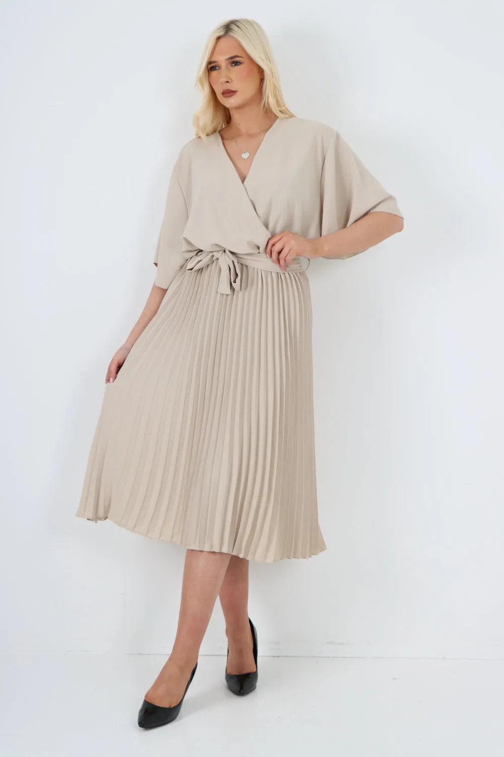 Italian Pleated Belted Wrap Short Sleeve Midi Dress