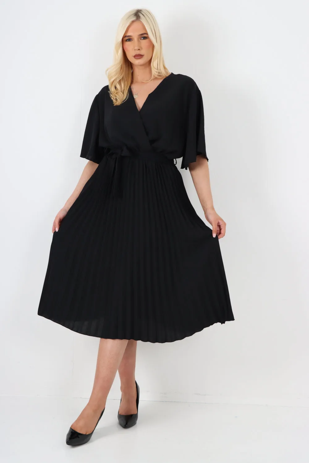 Italian Pleated Belted Wrap Short Sleeve Midi Dress