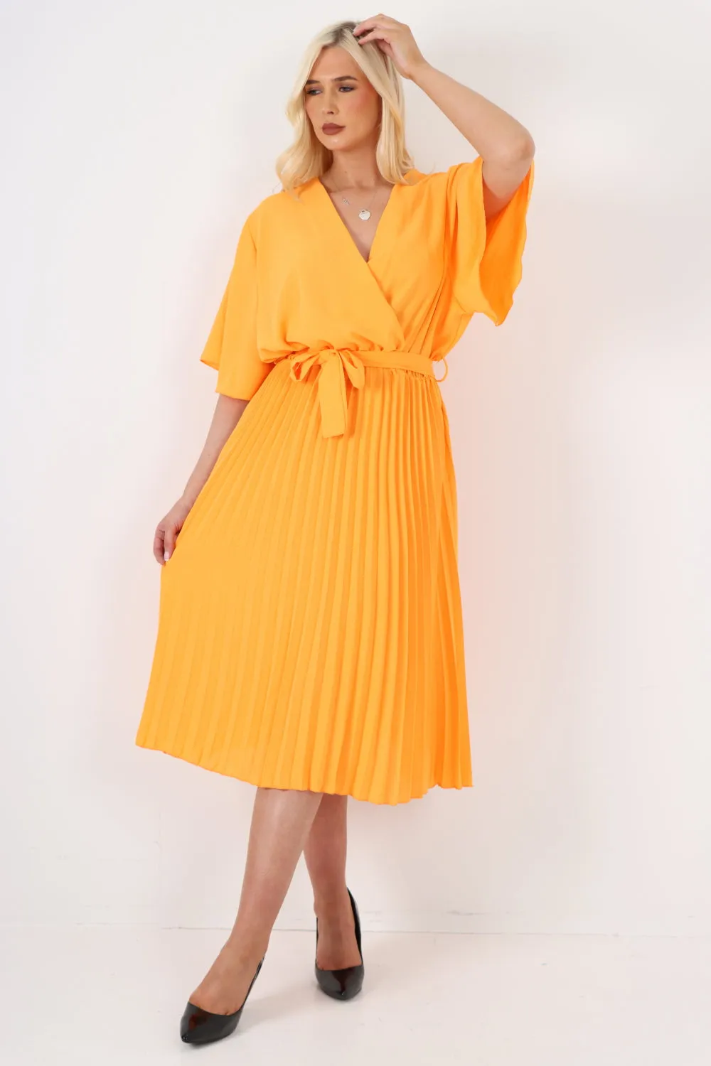 Italian Pleated Belted Wrap Short Sleeve Midi Dress