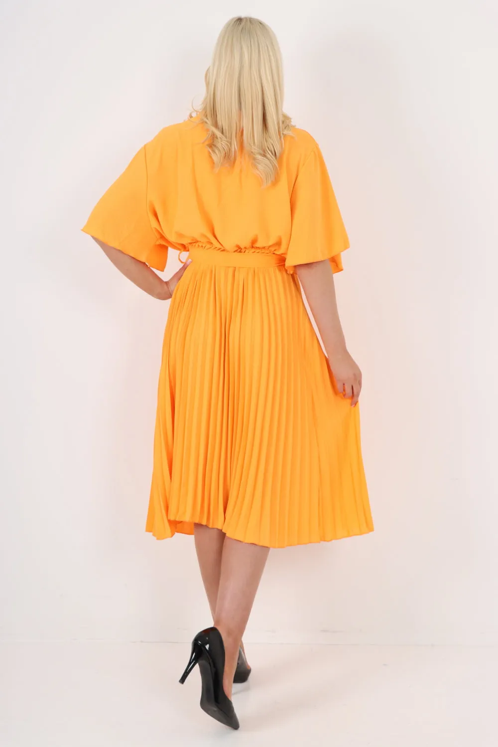 Italian Pleated Belted Wrap Short Sleeve Midi Dress