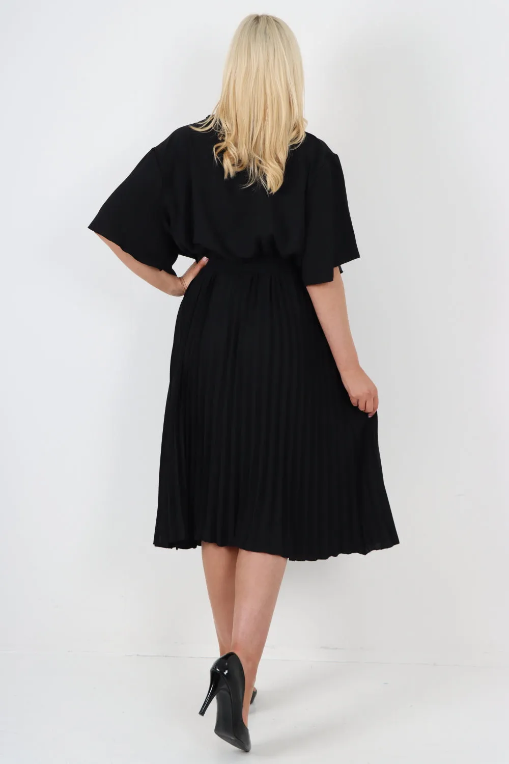 Italian Pleated Belted Wrap Short Sleeve Midi Dress