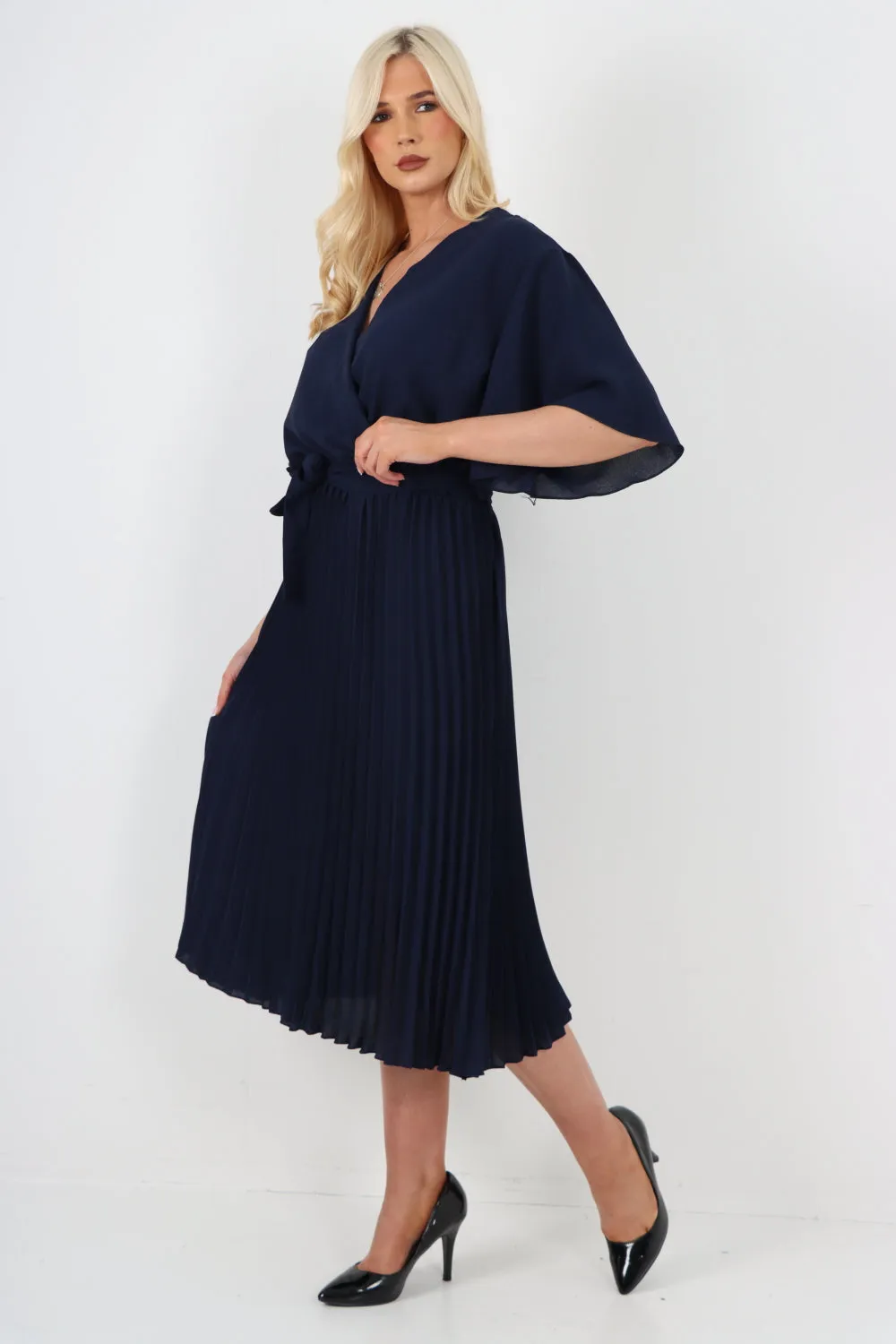 Italian Pleated Belted Wrap Short Sleeve Midi Dress