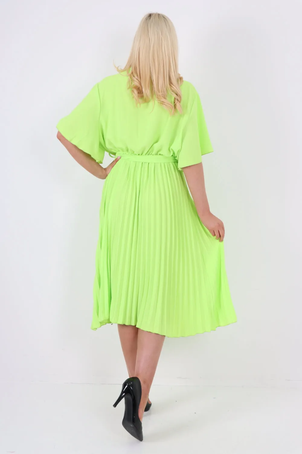 Italian Pleated Belted Wrap Short Sleeve Midi Dress