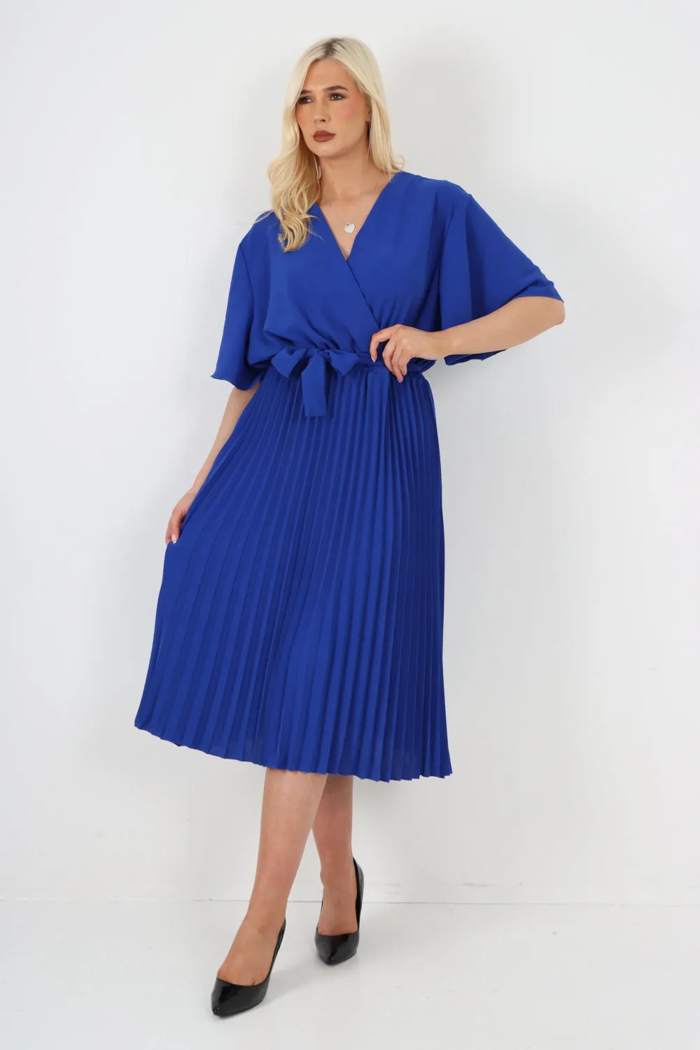 Italian Pleated Belted Wrap Short Sleeve Midi Dress