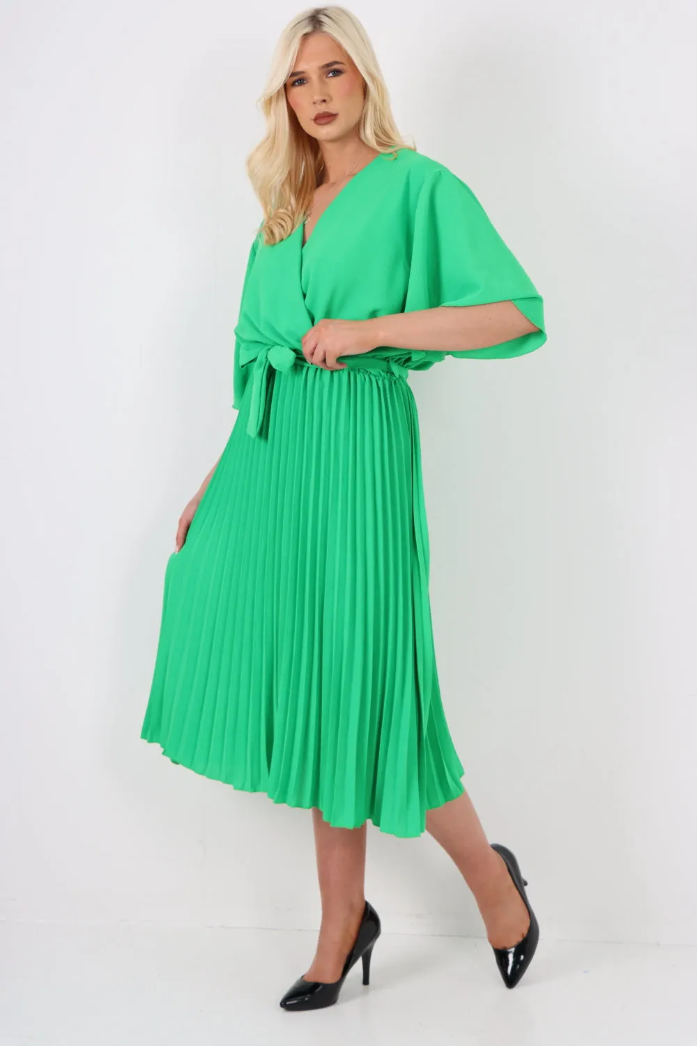 Italian Pleated Belted Wrap Short Sleeve Midi Dress