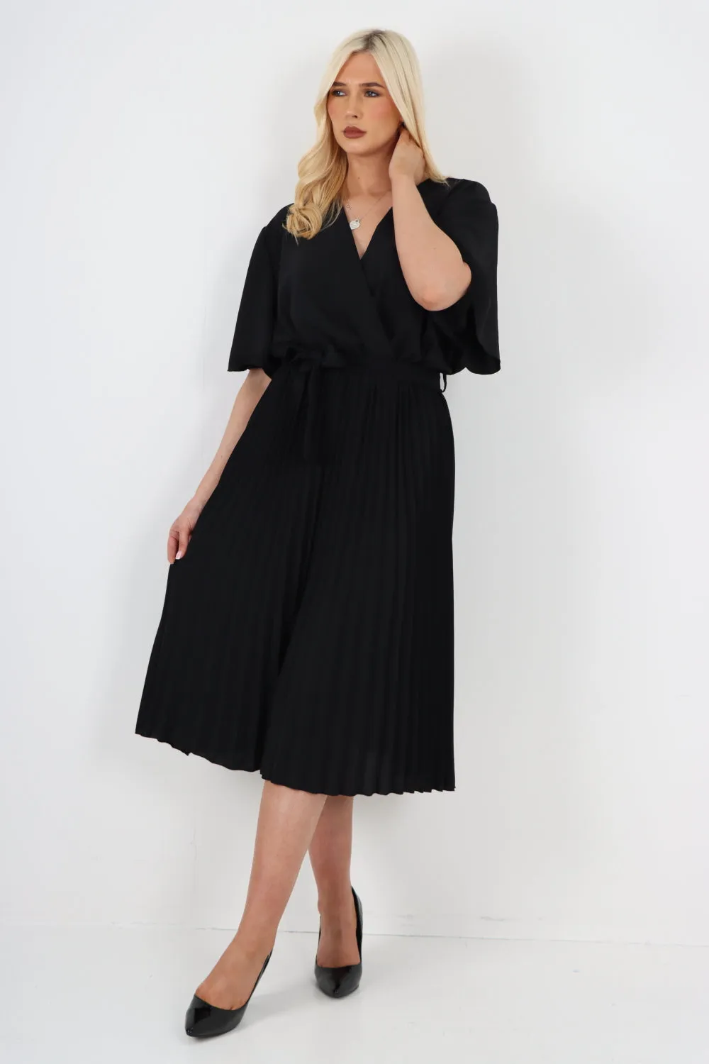 Italian Pleated Belted Wrap Short Sleeve Midi Dress