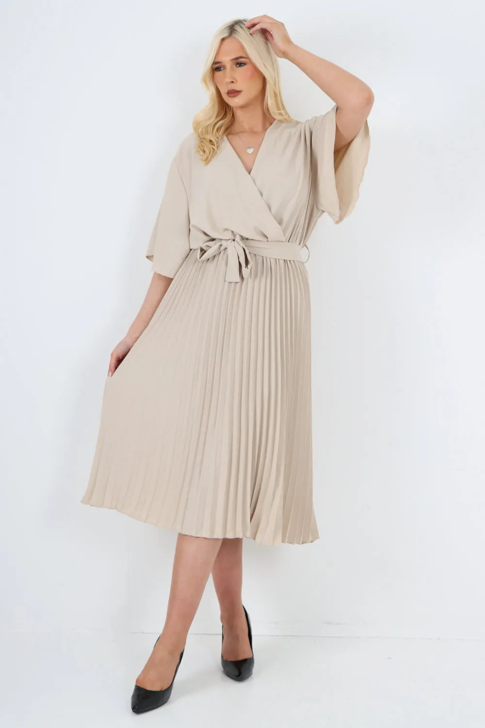 Italian Pleated Belted Wrap Short Sleeve Midi Dress