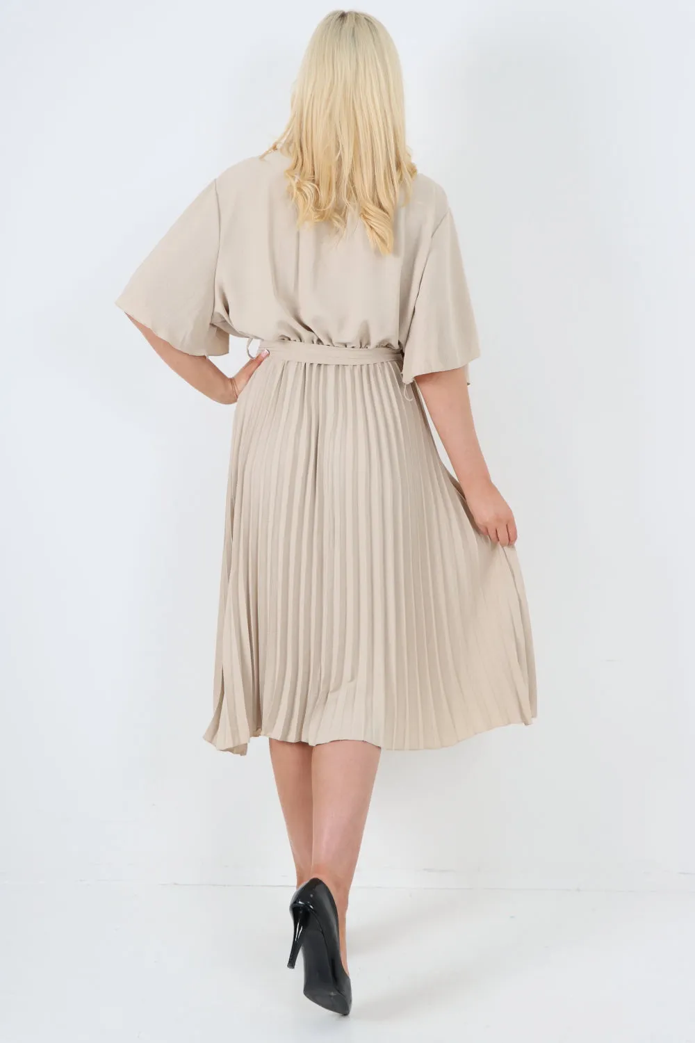 Italian Pleated Belted Wrap Short Sleeve Midi Dress